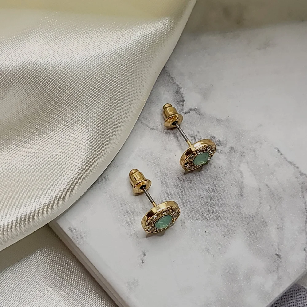 Gold Seafoam Diamond Halo Rhinestone Stud Button Earrings